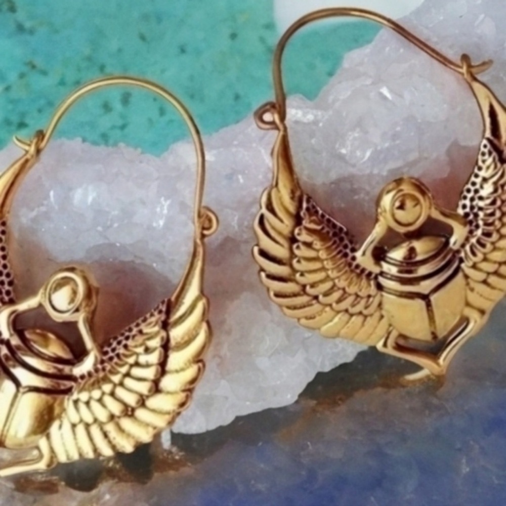 BOHEMIAN EGYPTIAN BEETLE EARRINGS - Picture 2 of 4